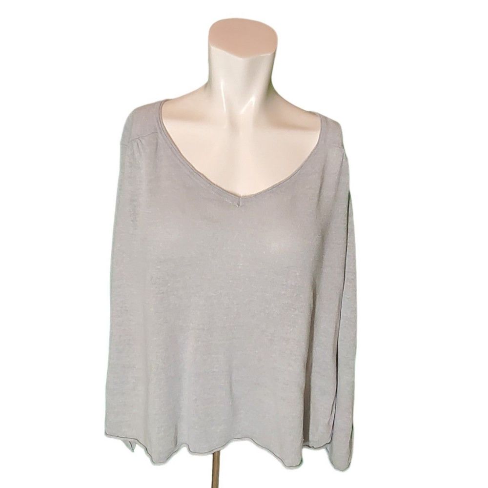 Eileen Fisher VTG Light Blue Italian Linen Silk Sweater V-neck Rolled Hem sz XL